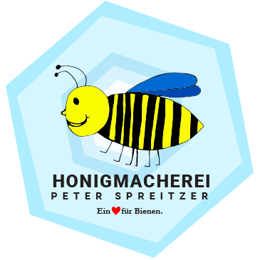 Logo - Freundlich lächelnde Biene mit Text 'Honigmacherei Peter Spreitzer - Ein Herz für Bienen'